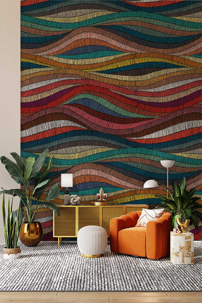 Colorful Abstract Wave Pattern Mural Wallpaper in living room