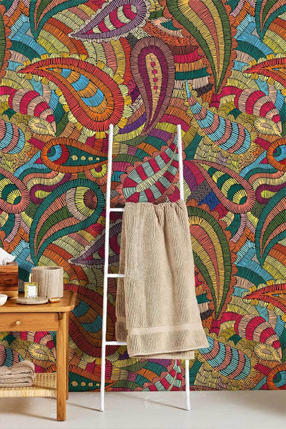 Colorful Abstract Boho Pattern Mural Wallpaper in bathroom