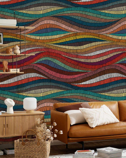 Colorful Abstract Wave Pattern Mural Wallpaper in living room