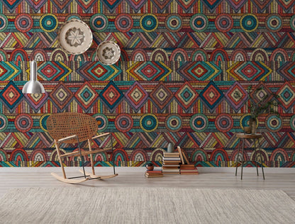 Colorful Geometric Boho Chic Mural Wallpaper in living room