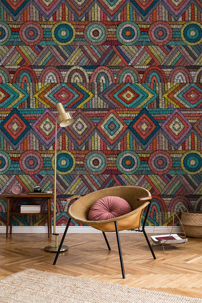 Colorful Geometric Boho Chic Mural Wallpaper in living room