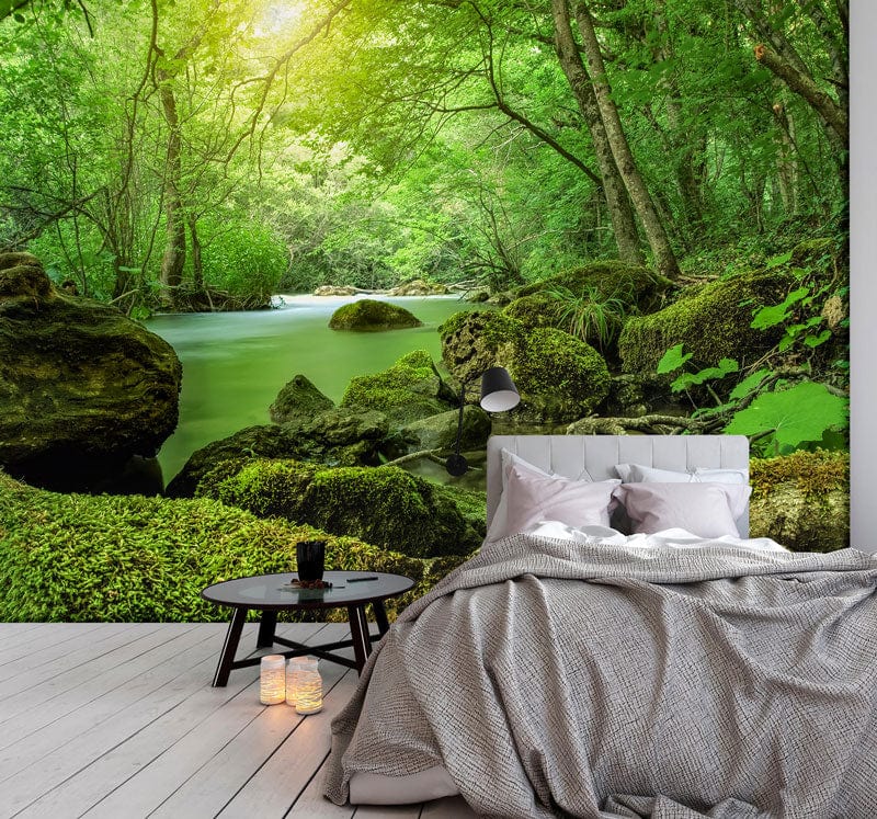 A bedroom mural featuring an emerald woodland setting