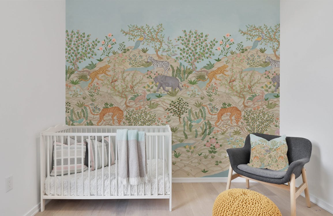 Wallpaper mural featuring energising mountains for use in decorating a nursery
