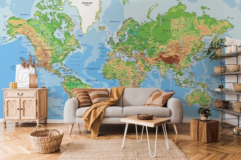 Educational Voyage World Map Mural Wallpaper in living room