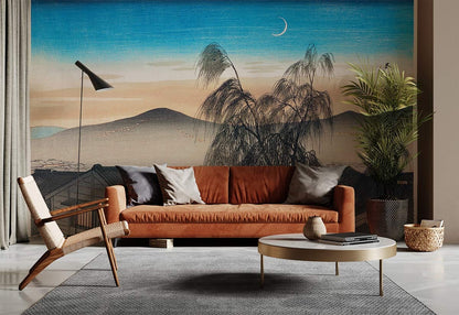 Japanese Landscape Moonlight Willow Mural Wallpaper in living room