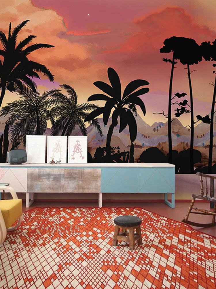 pink sunset on the beach landscape mural design