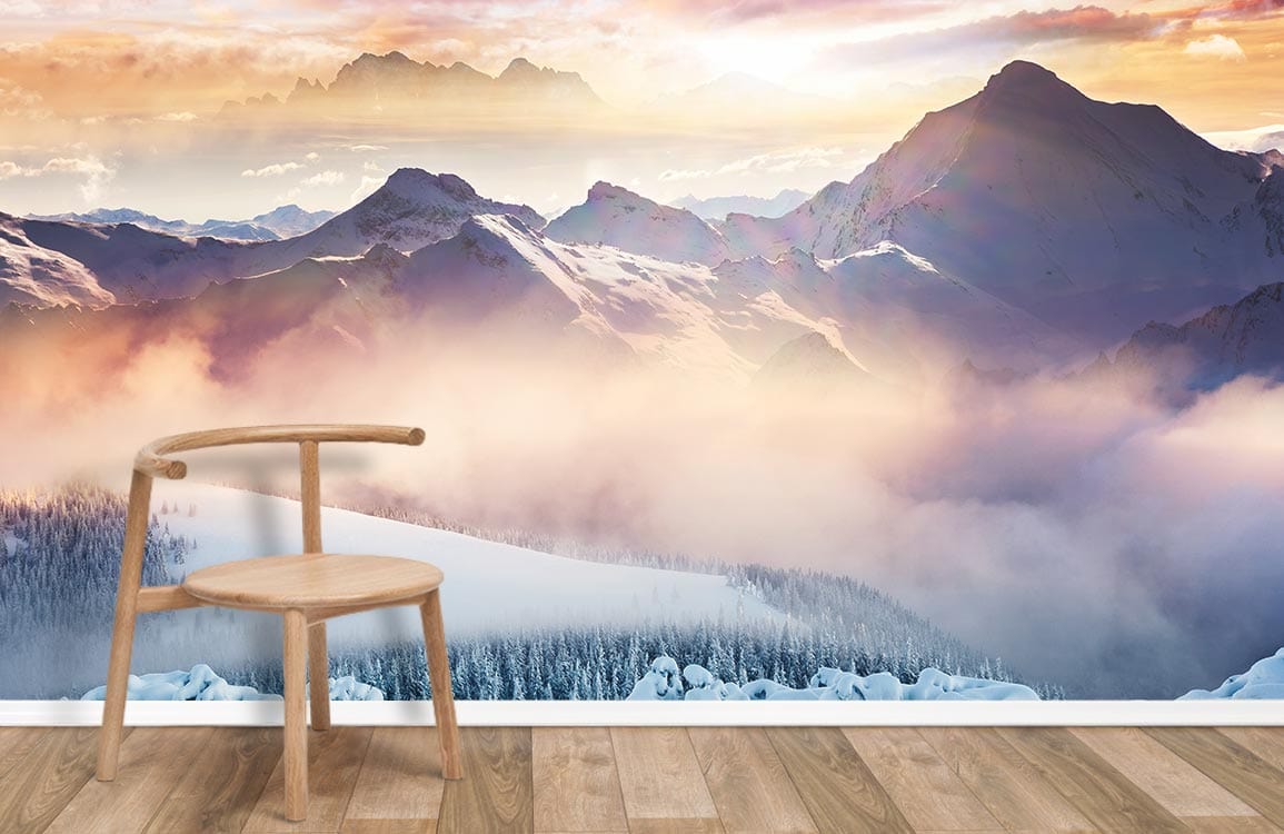 Sunset at the peak of the mountain with a snowy wallpaper mural in the background