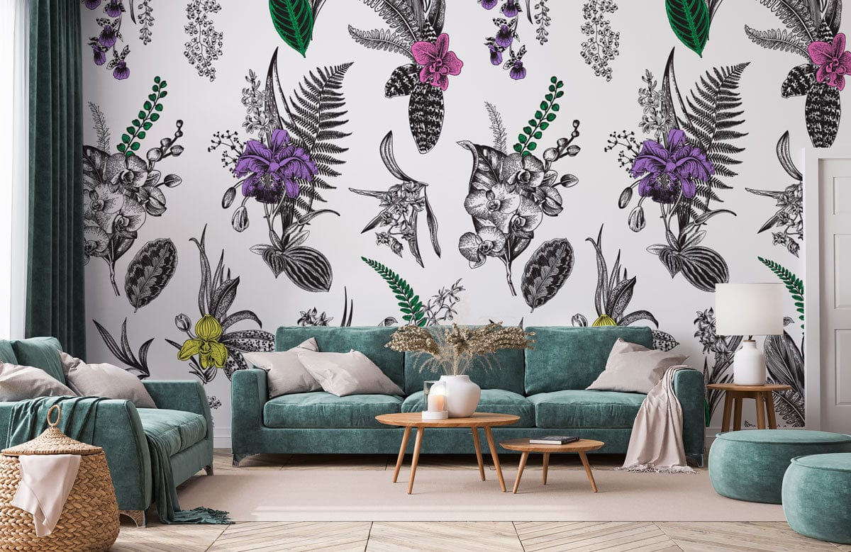 Exotic Orchid and Leaf Wallpaper Mural for Use in Decorating the Living Room