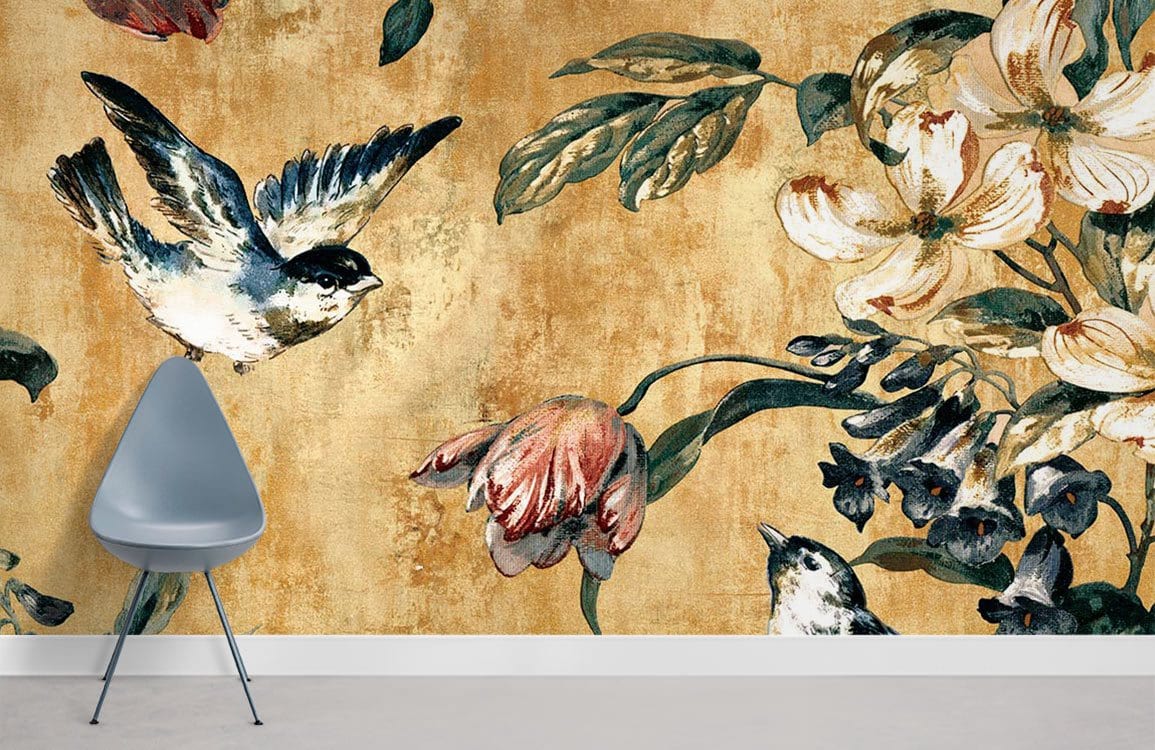 Vintage Bird Floral Gold Mural Wallpaper