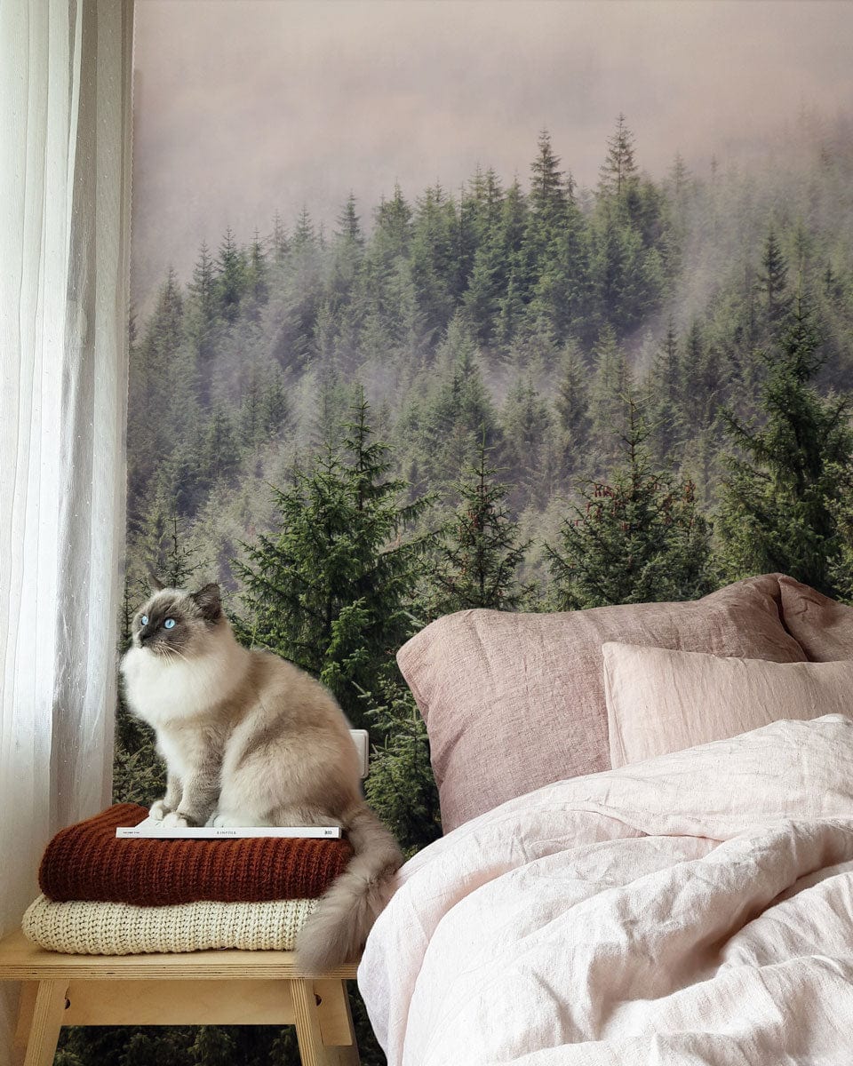 Wallpaper mural with a fading mist forest for use in decorating a bedroom