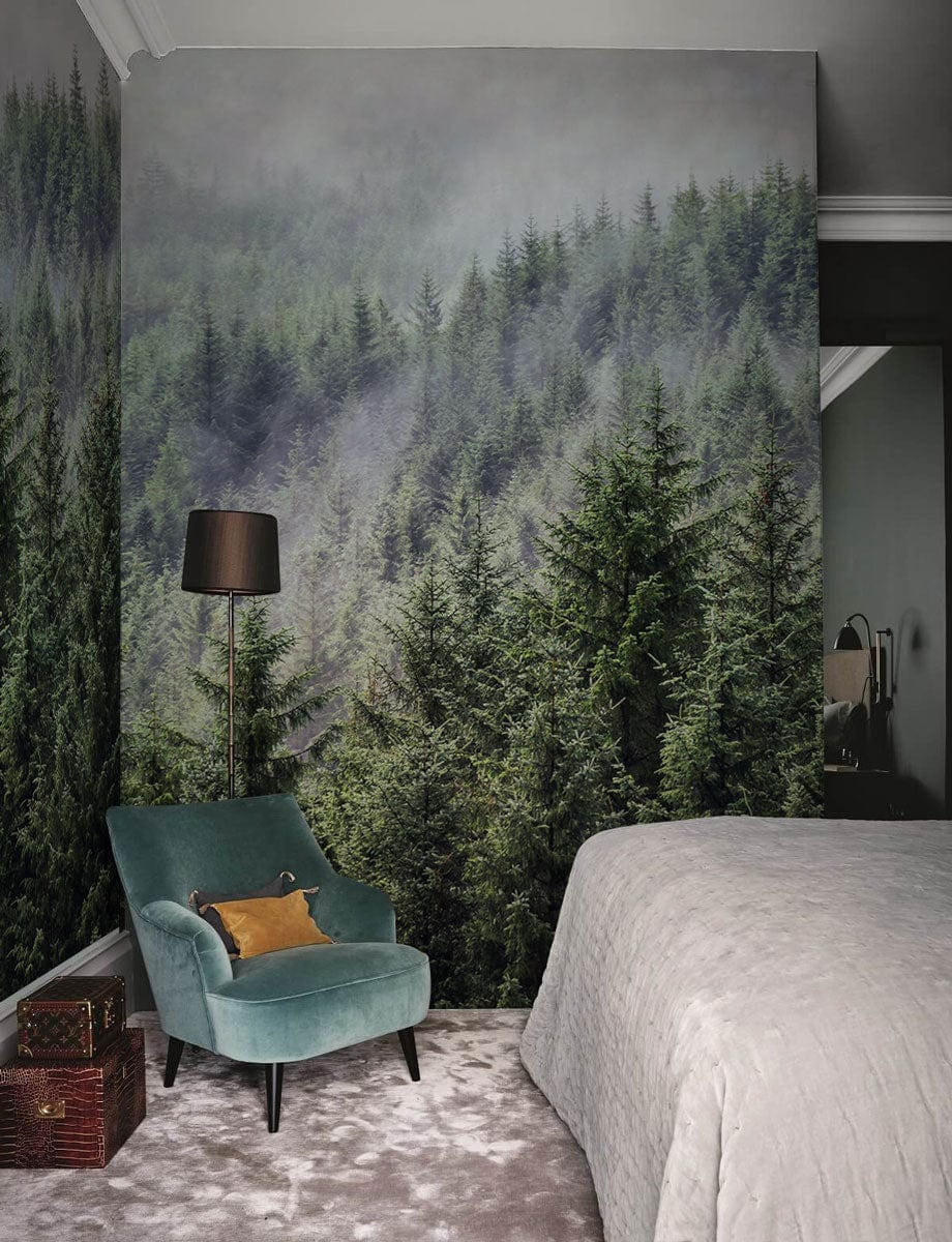 Wallpaper mural with a fading mist forest for use in decorating a bedroom