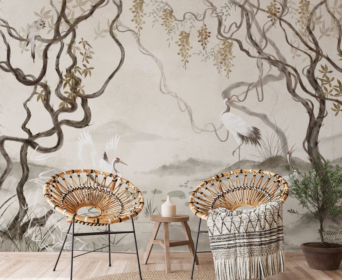 Wallpaper mural for the hallway featuring fairy cranes in a forest setting.
