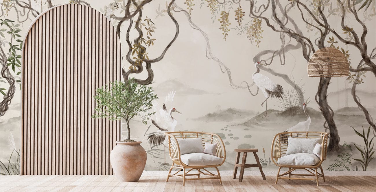Wallpaper mural for the hallway featuring a scene of fairy cranes in a forest setting.