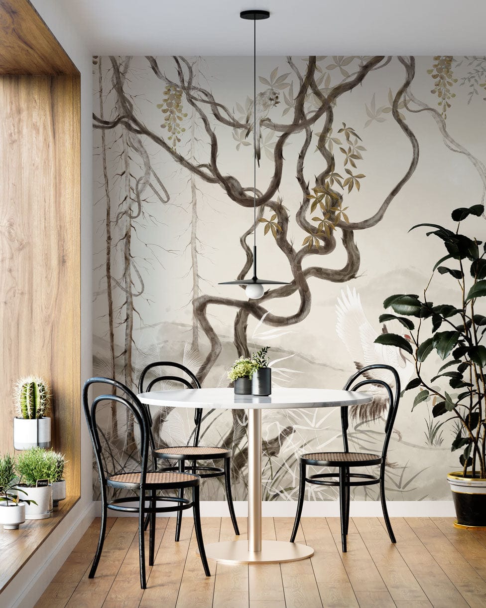 Wallpaper mural with fairy cranes in a forest setting, perfect for decorating the dining room.