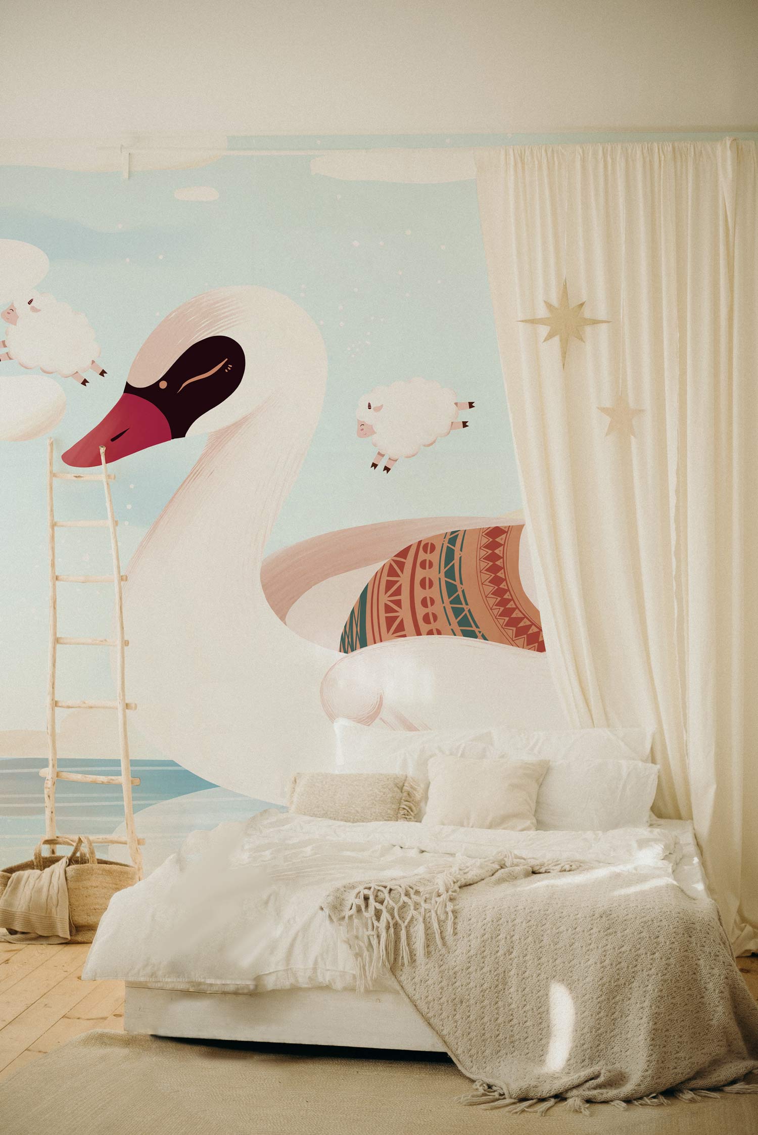 Wallpaper mural with sleeping animals, perfect for use as a nursery decoration.
