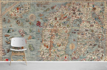 Vintage Map Explorer Feature Mural Wallpaper in living room