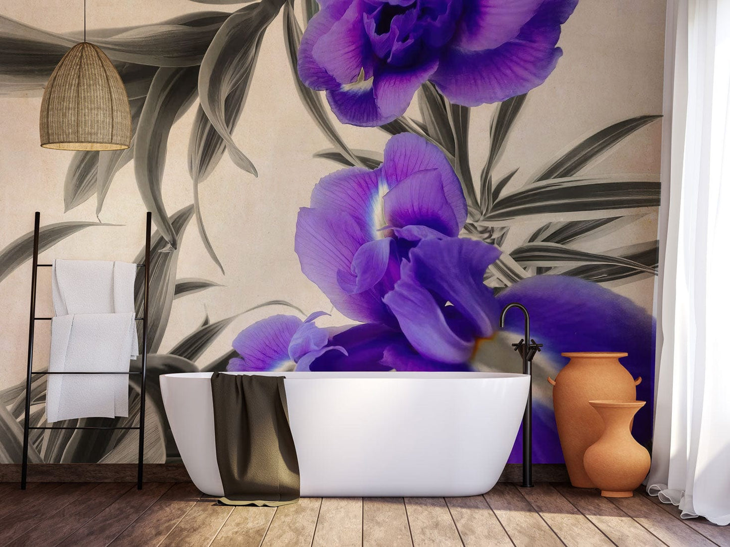 Bathroom Wall Decoration Featuring a Mural of Fantasy Purple Petals Wallpaper