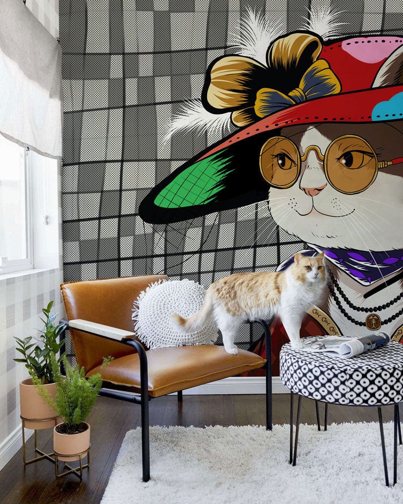 Hallway adornment wallpaper mural with a Trendy Lady Cat.