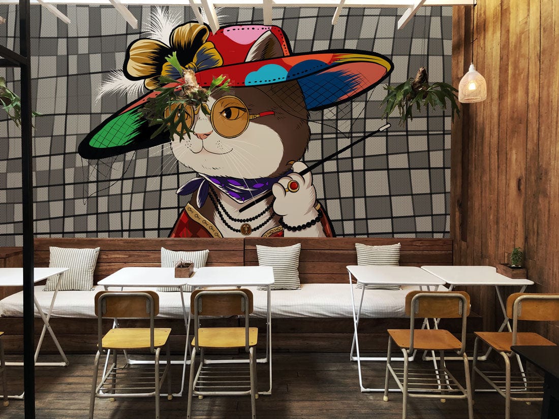 Trendy Lady Cat Wall Mural Paper for Use in Restaurant Decorations