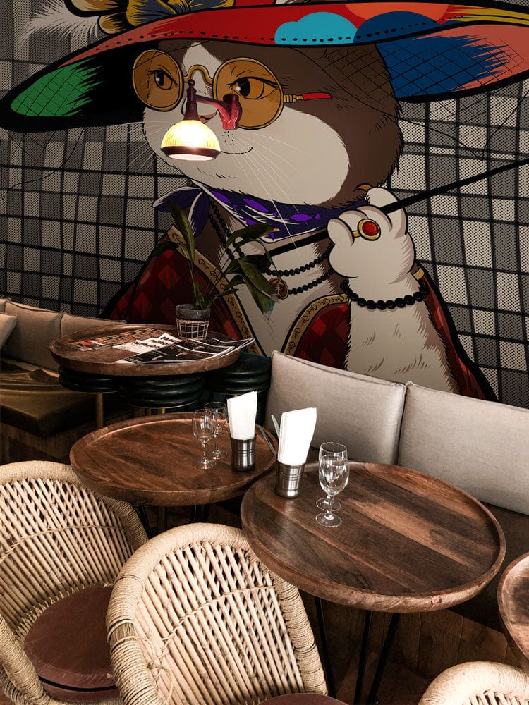 Wallpaper mural with a fashionable cat for use in decorating a restaurant