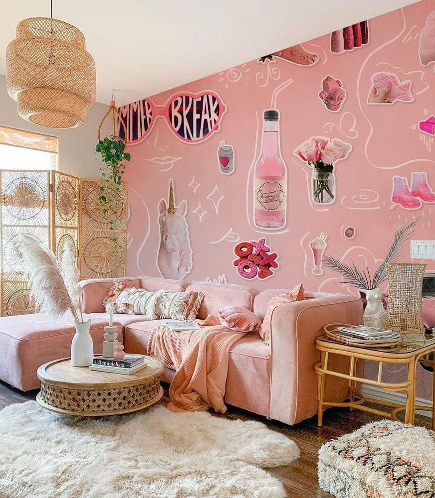 Pink Stickers Wallpaper Mural for the Latest Fashion in Living Room Decoration