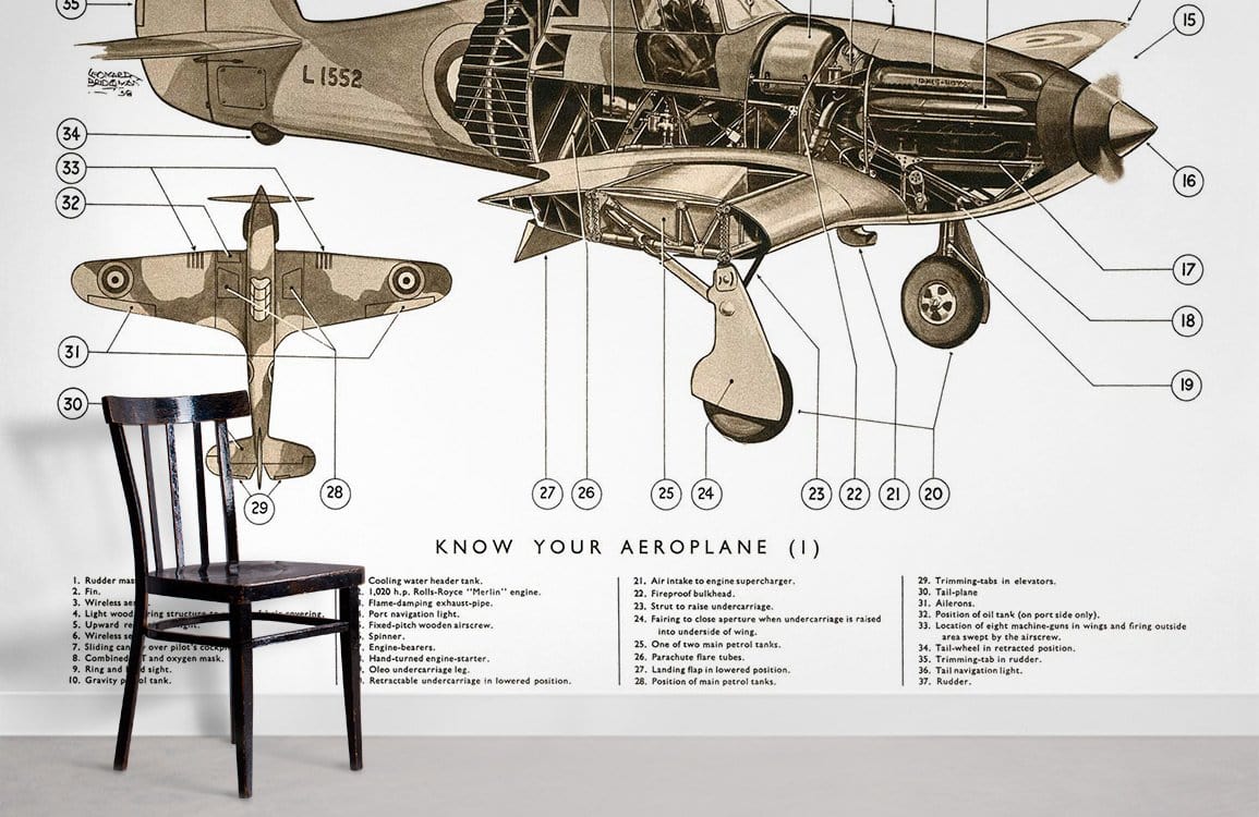 Vintage Airplane Schematic Mural Wallpaper