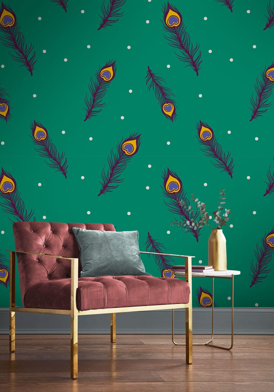 Hallway Decorative Wallpaper Mural Featuring a Feather Design on a Vibrant Green Background