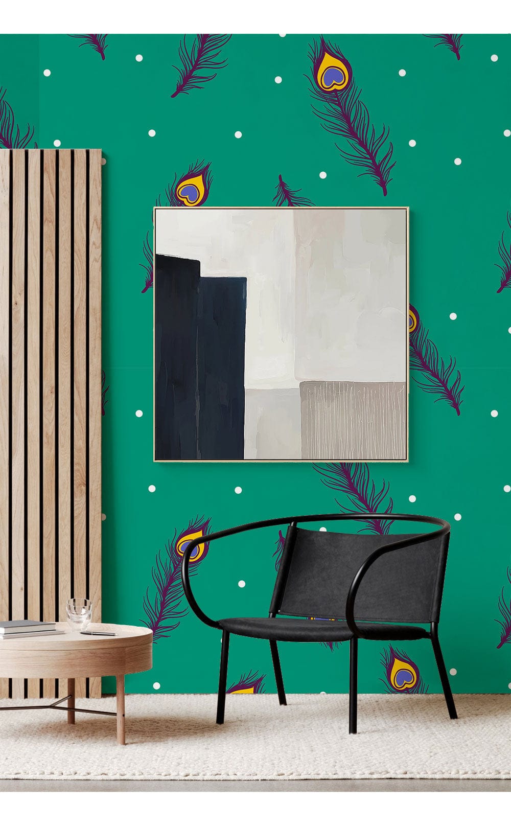 Wallpaper mural for the hallway with a feather design on a vibrant green background.