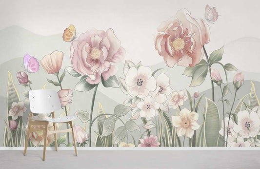 Pastel Floral Garden with Butterflies Wallpaper Mural