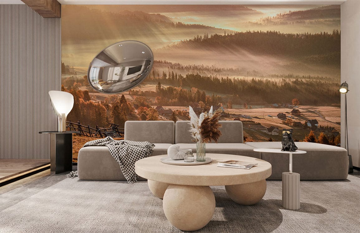 Living room mural with autumn mountain scene