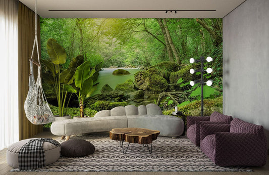 Living room wallpaper mural with an emerald woodland setting