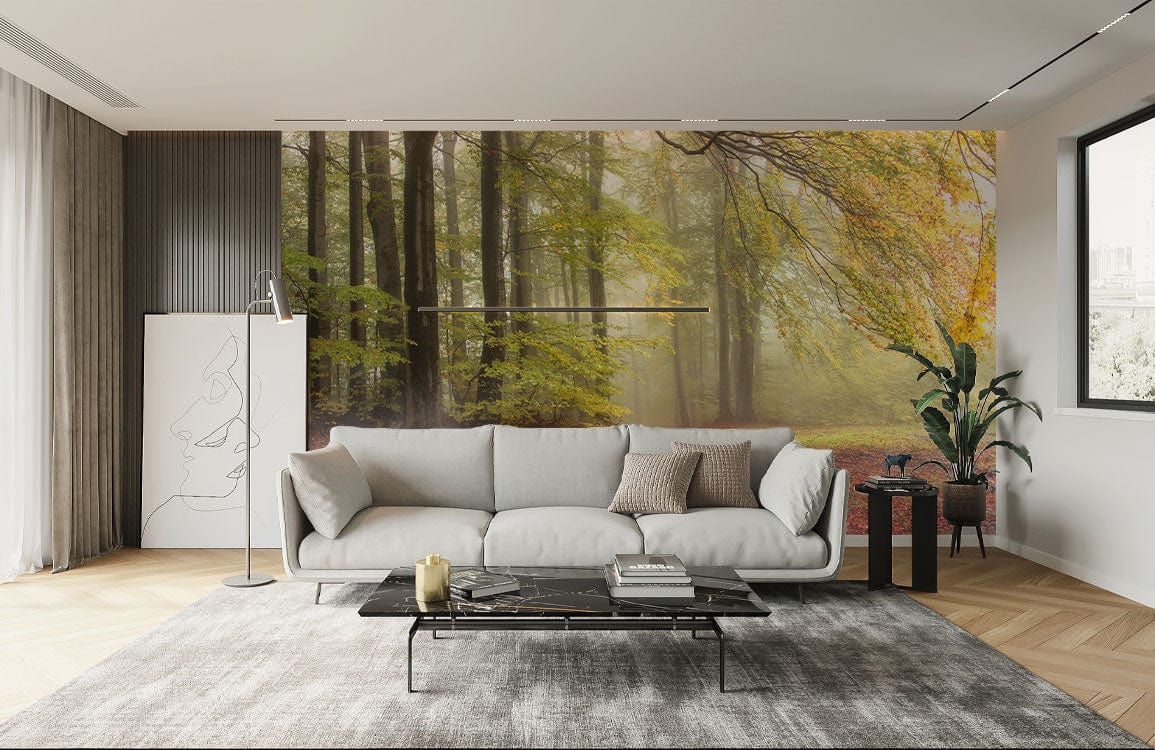 A wall mural of a forest in the fall is a great way to decorate a living room