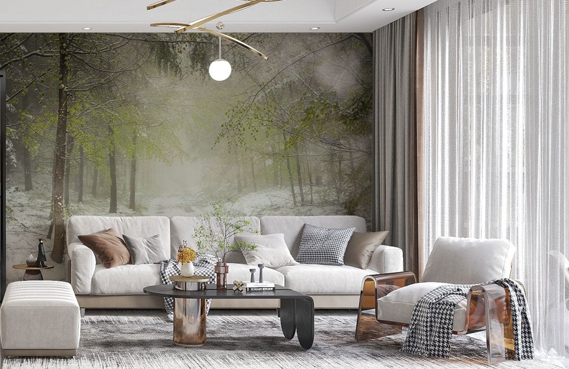 A wall mural of a frozen forest that would look great in a living room