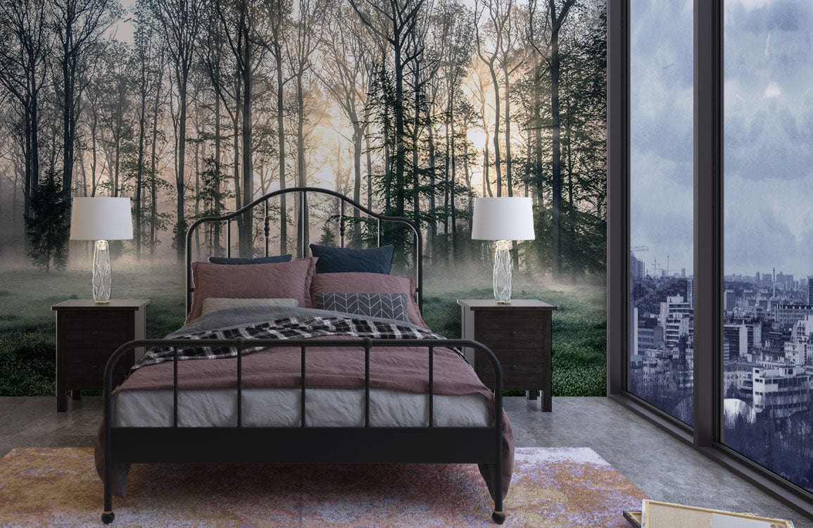 Bedroom Wall Mural Featuring a Foggy Forest