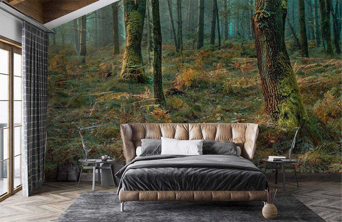 Wallpaper mural of a misty forest scene, suitable for bedrooms