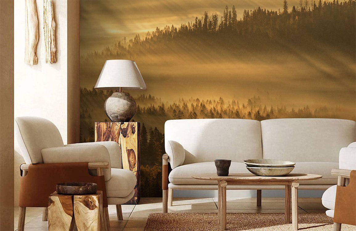 Living Room Mural of a Foggy Forest at Dawn