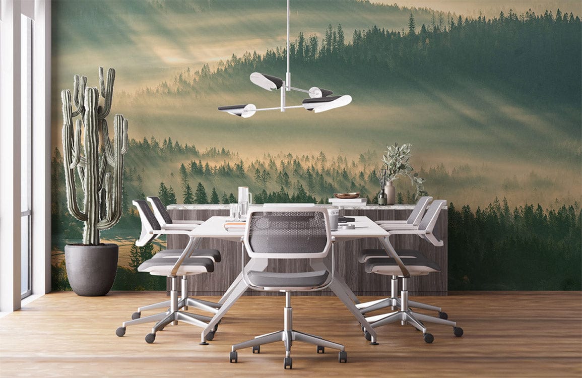 A cloudy forest bathed in sunshine is shown on a wallpaper mural for an office