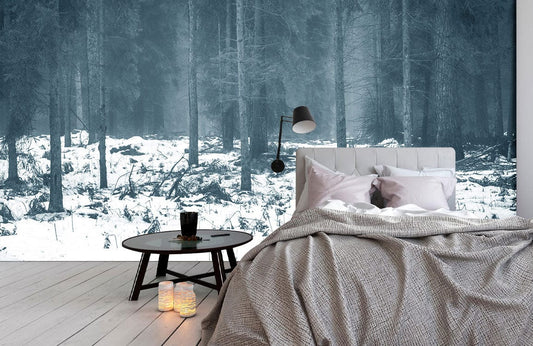 Snowy woodland bedroom mural wallpaper