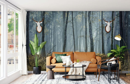 A sunny day in the forest is shown on a wall mural for the living room