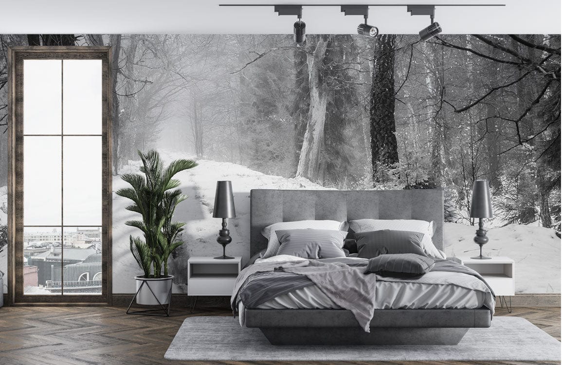 Wall mural with a thick snowy path that can be used to decorate a bedroom