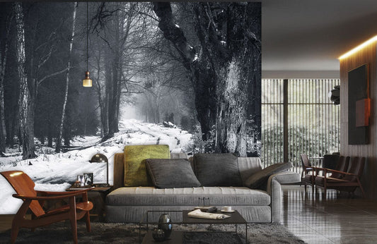 Wallpaper mural featuring a track through the snow for use in decorating the living room.