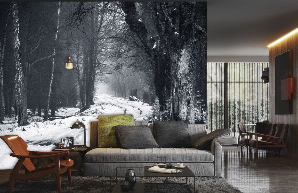 Wallpaper mural featuring a track through the snow for use in decorating the living room.