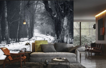 Misty Forest Snow Path Wallpaper Mural