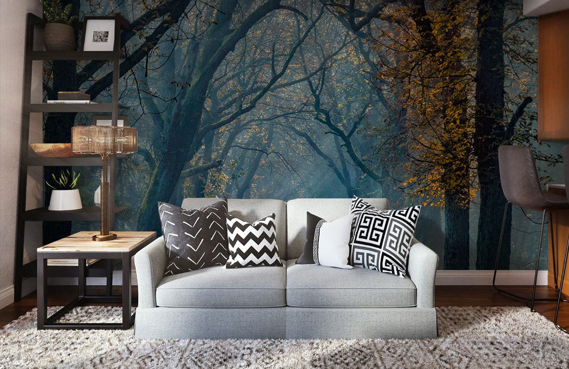 Living room wallpaper mural of a wooded trail