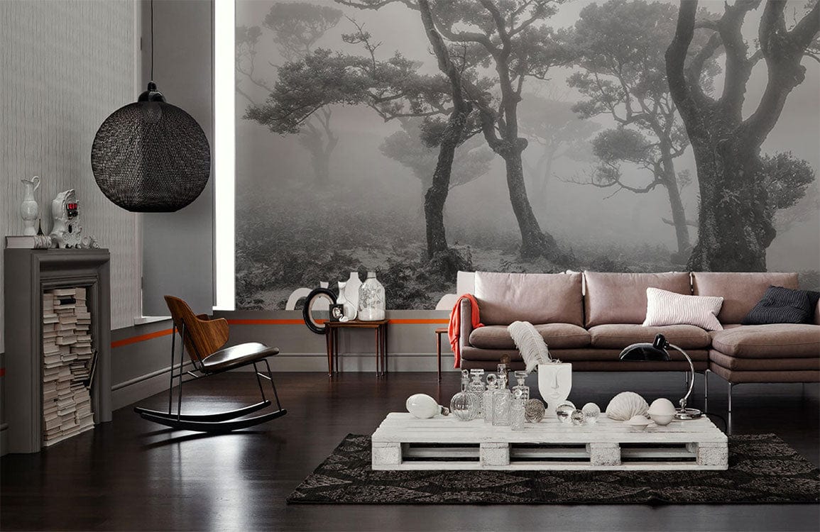 Living room wallpaper mural of a chilly woodland