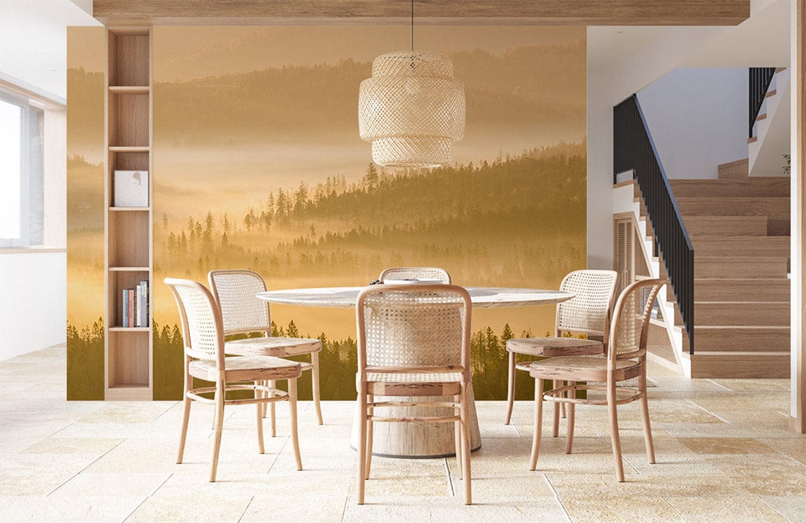 Yellow fog-covered forest wallpaper mural for dining room