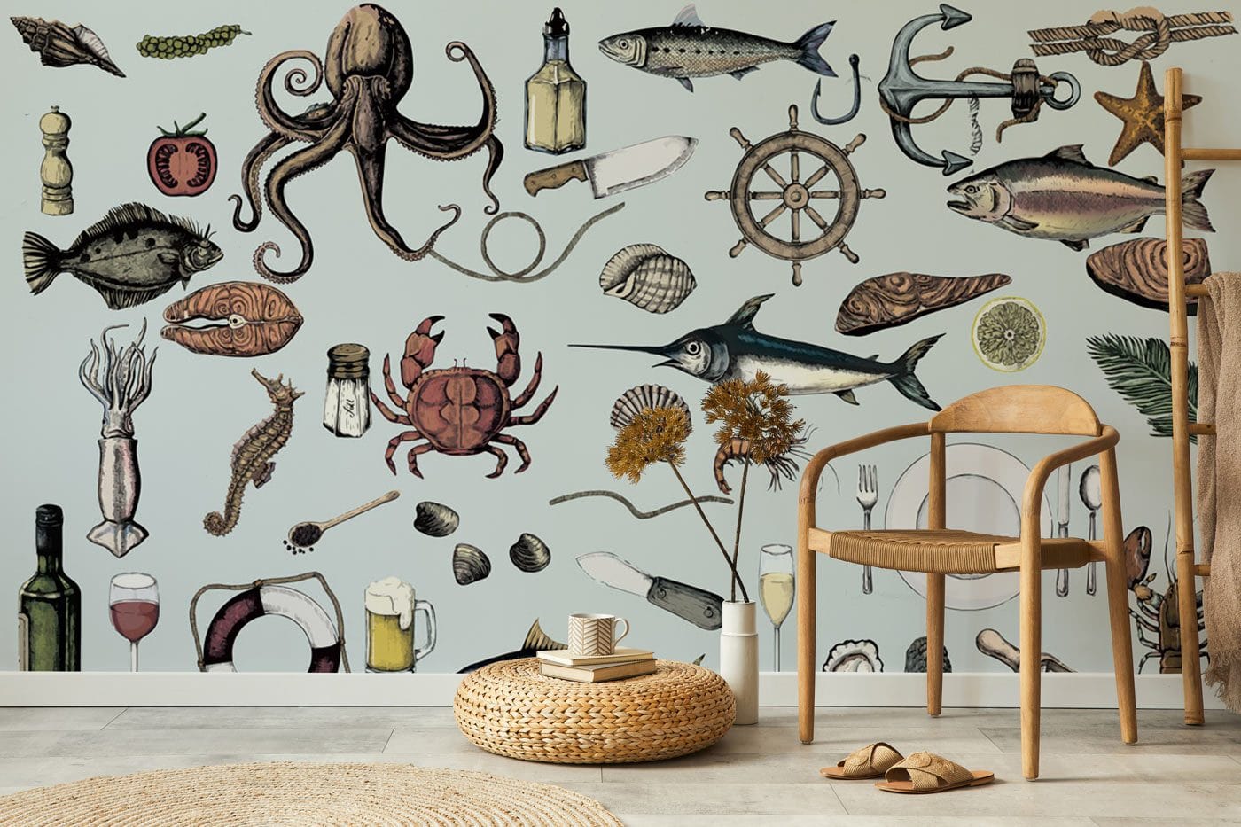 A Few Drinks and Some Fish Ocean Wallpaper Mural for the Decoration of the Living Room