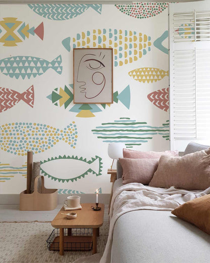 living room cartoon fish mural wallpaper art