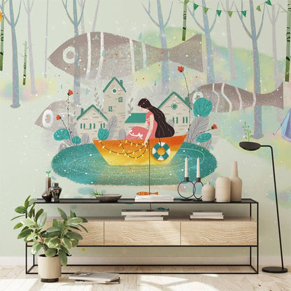 Whimsical Forest Fishing Adventure Mural Wallpaper in living room