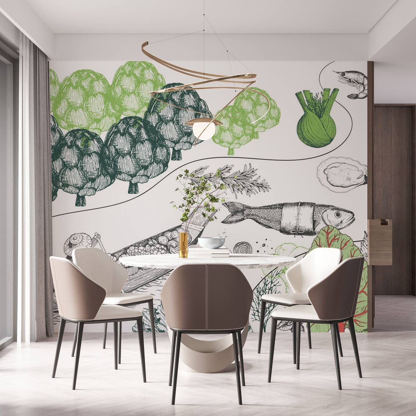 Dining Room Wallpaper Mural Featuring Fish and a River